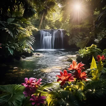 Gently flowing waterfall in lush rainforest with colorful flowers - Image 2