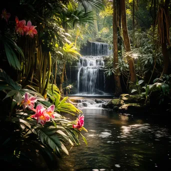 Gently flowing waterfall in lush rainforest with colorful flowers - Image 4