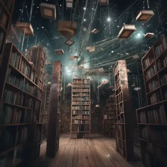 Cosmic library with stardust books and flipping pages - Image 1