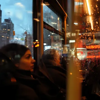 Passengers in a bus looking out large windows, reflecting the lively city. - Image 1