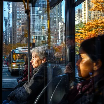 Passengers in a bus looking out large windows, reflecting the lively city. - Image 3