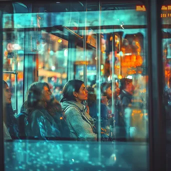 Passengers in a bus looking out large windows, reflecting the lively city. - Image 4