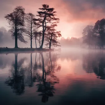 Misty morning landscape with a lake and trees reflected in water - Image 2