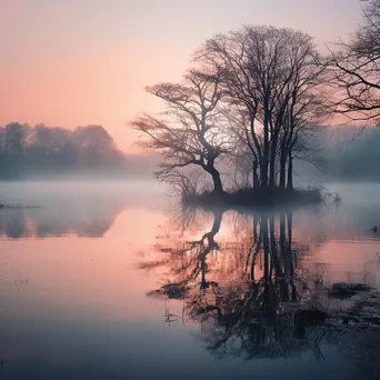 Misty morning landscape with a lake and trees reflected in water - Image 3