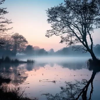 Misty morning landscape with a lake and trees reflected in water - Image 4