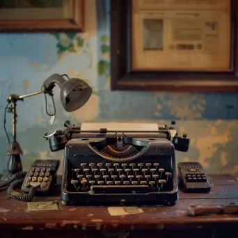 Old typewriter with vintage keys and retro telephone on a dusty desk - Image 1