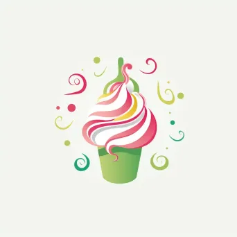 Logo for a frozen yogurt shop with a stylized swirl icon in pink and green colors on a white confetti background - Image 4