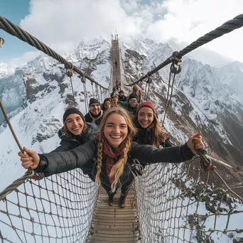 Group of friends crossing a rope bridge with mountains - Image 1