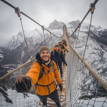 Group of friends crossing a rope bridge with mountains - Image 3