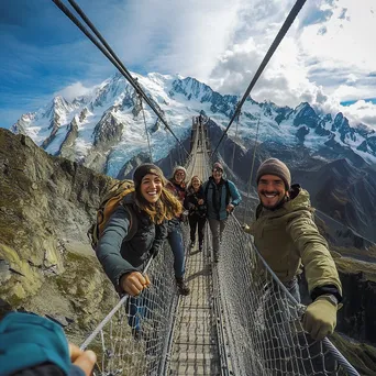 Group of friends crossing a rope bridge with mountains - Image 4