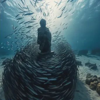 Sardines swirling around underwater statue - Image 2