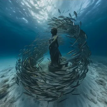 Sardines swirling around underwater statue - Image 3