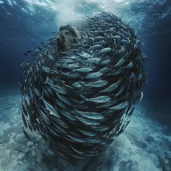 Sardines swirling around underwater statue - Image 4