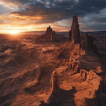 Sunrise casting soft light over dramatic desert rock formations - Image 1