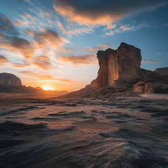 Sunrise casting soft light over dramatic desert rock formations - Image 3