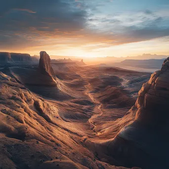 Sunrise casting soft light over dramatic desert rock formations - Image 4