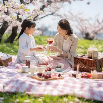 Family enjoying a picnic under a cherry blossom tree in spring - Image 1