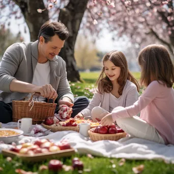 Family enjoying a picnic under a cherry blossom tree in spring - Image 2