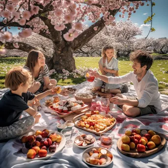 Family enjoying a picnic under a cherry blossom tree in spring - Image 4