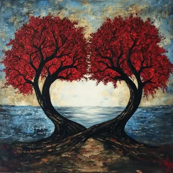 Acrylic painting of a pair of intertwined trees symbolizing the endurance of love through seasons - Image 4