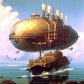 Steampunk airship on voyage over floating islands - Image 1