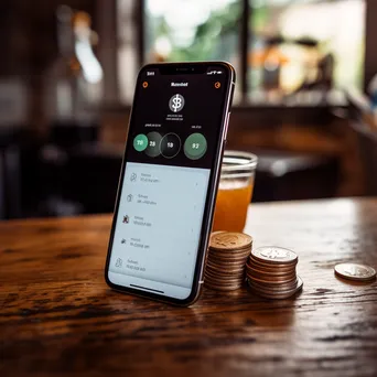 Smartphone featuring a digital payment app next to cryptocurrency coins on a wooden table with warm lighting. - Image 1