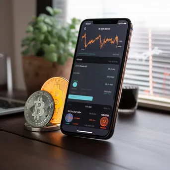 Smartphone featuring a digital payment app next to cryptocurrency coins on a wooden table with warm lighting. - Image 3