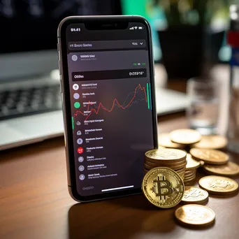 Smartphone featuring a digital payment app next to cryptocurrency coins on a wooden table with warm lighting. - Image 4