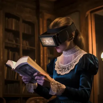 Artwork of a virtual reality book club, where members read from digital parchments using augmented reality spectacles - Image 3