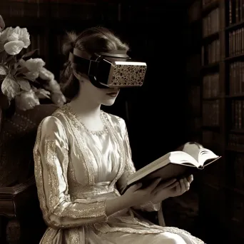 Artwork of a virtual reality book club, where members read from digital parchments using augmented reality spectacles - Image 4