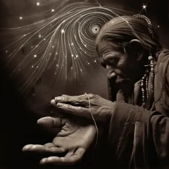 Palmist studying a hand with life lines spiraling into a starry universe - Image 1