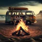 Friends around bonfire with vintage surf van on beach - Image 2