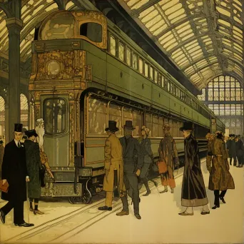 Image of an early 1900s train station with steam engines and elegant passengers - Image 4