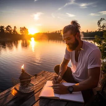 Freelancer sketching travel plans at lakeside - Image 4