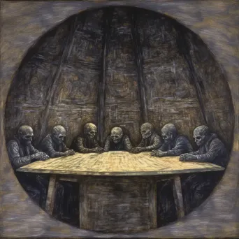 Figures around a circular table in darkness discussing justice under the veil of ignorance in a philosophical image. - Image 3