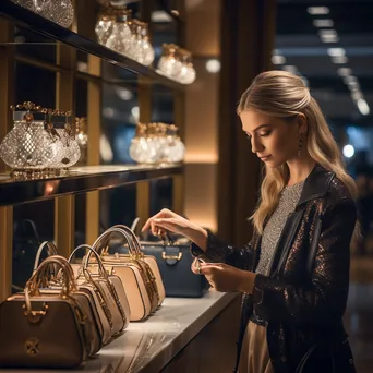 Woman browsing luxury handbags in a designer boutique - Image 1