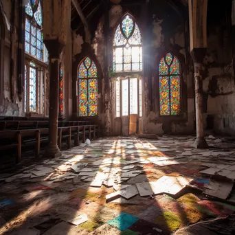 Deserted church interior featuring broken stained glass and dusty pews illuminated by sunlight - Image 1