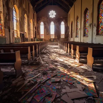 Deserted church interior featuring broken stained glass and dusty pews illuminated by sunlight - Image 2