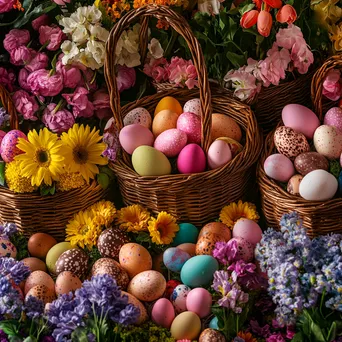 Easter baskets filled with eggs, chocolates, and flowers arranged artistically - Image 2