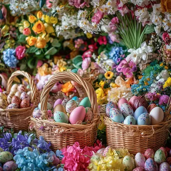 Easter baskets filled with eggs, chocolates, and flowers arranged artistically - Image 3