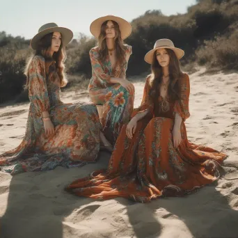 1970s bohemian fashion flowing maxi dresses and floppy hats - Image 2