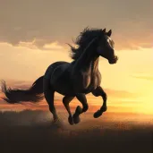 Horse galloping freely in an open field at sunset - Image 1