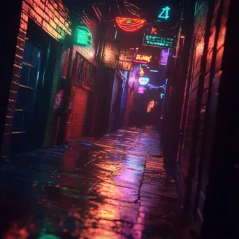 Artwork of dark alleyways under neon lights with dramatic shadows and reflections - Image 2