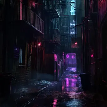 Artwork of dark alleyways under neon lights with dramatic shadows and reflections - Image 3