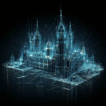 Detailed artwork of a 3D wireframe castle in cyberspace with a glitching data stream moat - Image 1