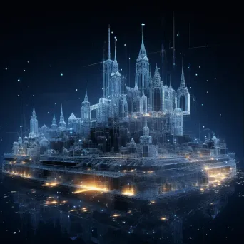 Detailed artwork of a 3D wireframe castle in cyberspace with a glitching data stream moat - Image 3