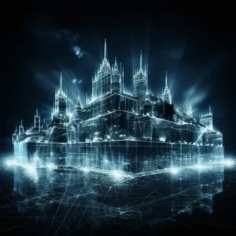 Detailed artwork of a 3D wireframe castle in cyberspace with a glitching data stream moat - Image 4