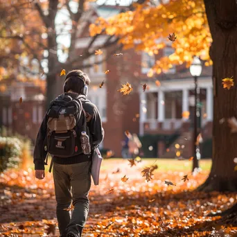 Student walking through a university campus surrounded by autumn leaves. - Image 2