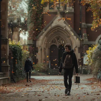 Student walking through a university campus surrounded by autumn leaves. - Image 3