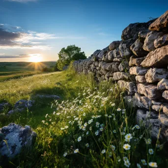 A dry stone wall surrounded by wildflowers in a green meadow during golden hour. - Image 1